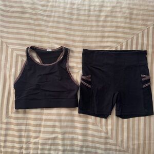 Fabletics Set: Black Pink Leopard High-Waisted Bike Shorts (M) with Bra Top (S)